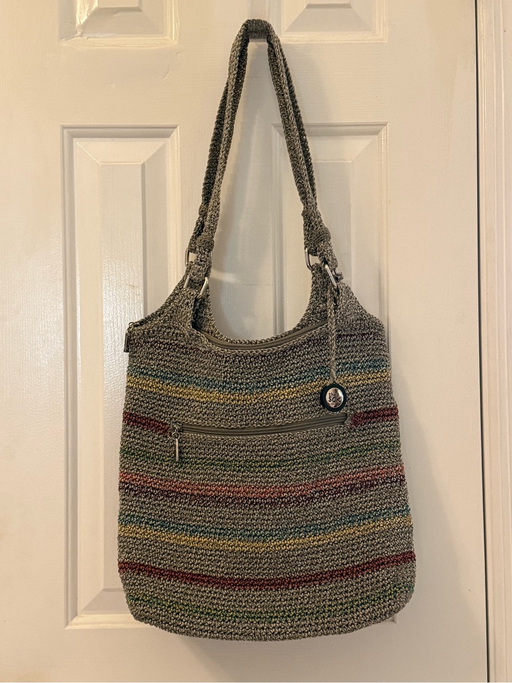 The Sak Woven Multicolor Stripe Hobo - Tan Base with Red, Yellow, Blue Accents